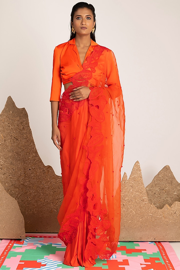 Orange Korean Lace Reception Saree by Shivan & Narresh at Pernia's Pop Up Shop