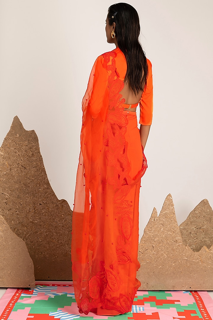Orange Korean Lace Reception Saree by Shivan & Narresh at Pernia's Pop Up Shop