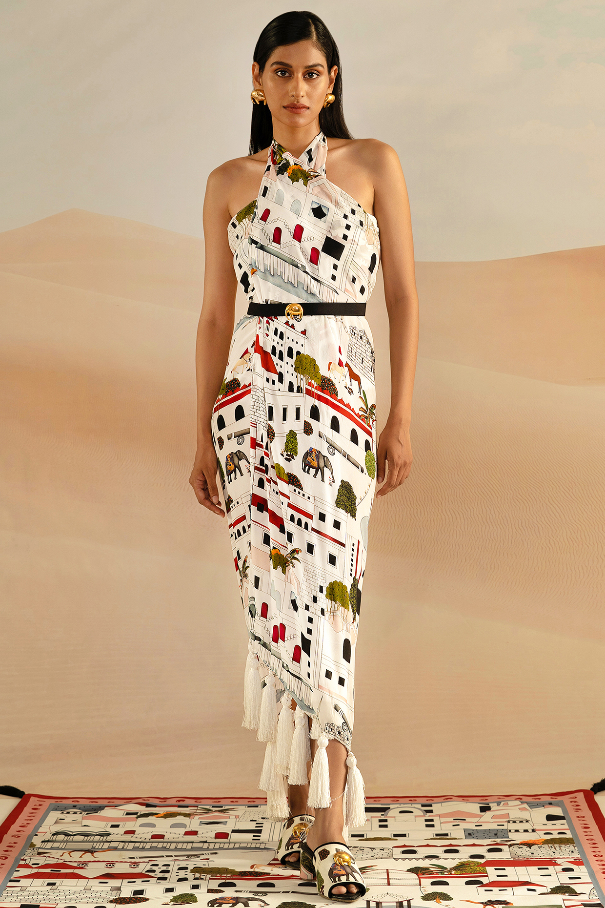 Ivory Jaiscape Printed Tasseled Paneyo by Shivan & Narresh at Pernia's Pop Up Shop