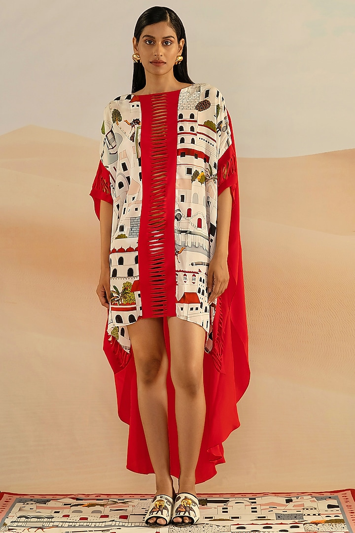 Ivory & Red Jaiscape Printed Kafsuit by Shivan & Narresh