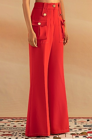 Red Platinum-Knit Crepe High-Waisted Pants by Shivan & Narresh