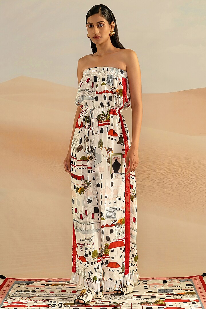 Ivory Jaiscape Printed Off-Shoulder Spike Jumpsuit by Shivan & Narresh