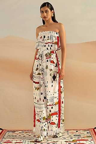 Ivory Jaiscape Printed Off-Shoulder Spike Jumpsuit by Shivan & Narresh