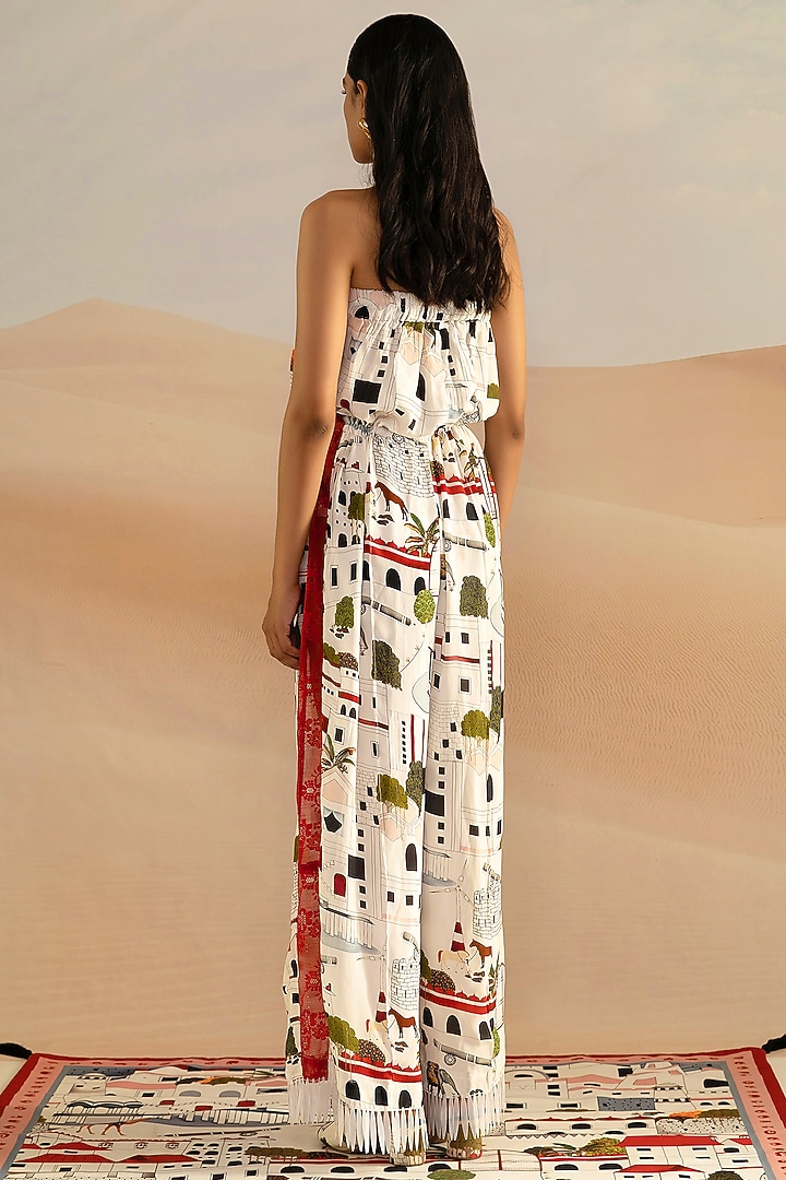 Ivory Jaiscape Printed Off-Shoulder Spike Jumpsuit by Shivan & Narresh at Pernia's Pop Up Shop