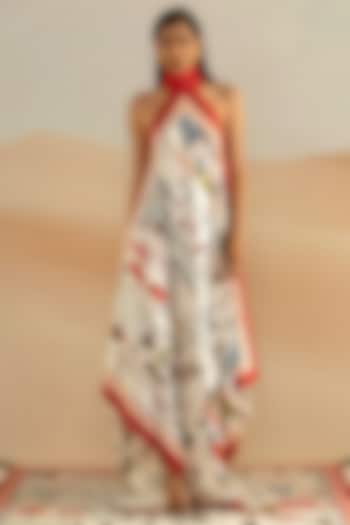 Ivory & Red Jaiscape Printed Fern Skein Fluted Dress by Shivan & Narresh