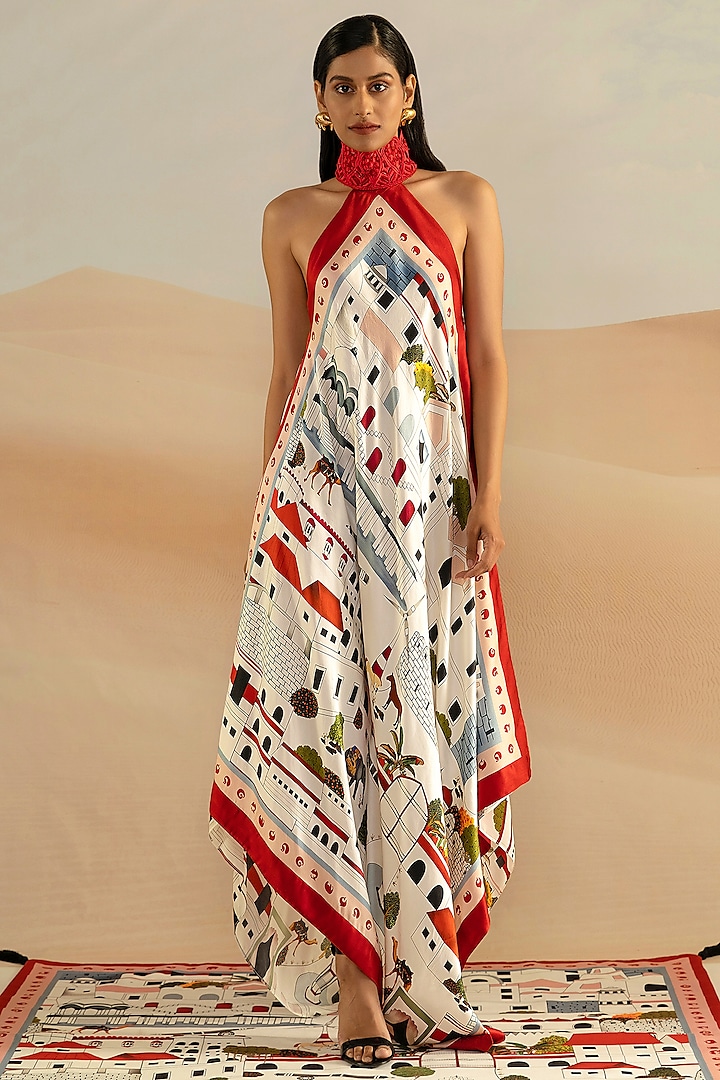 Ivory & Red Jaiscape Printed Fern Skein Fluted Dress by Shivan & Narresh