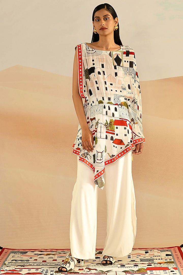 Ivory Jaiscape Printed Asymmetrical Iconoband Top by Shivan & Narresh at Pernia's Pop Up Shop