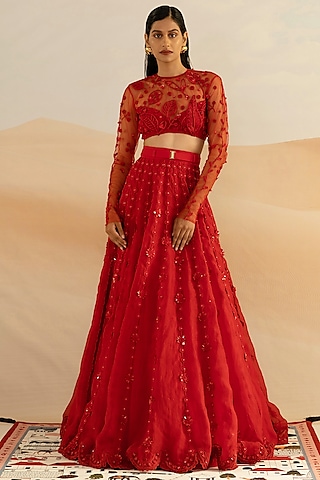 Red Silk Organza Lehenga Set by Shivan & Narresh