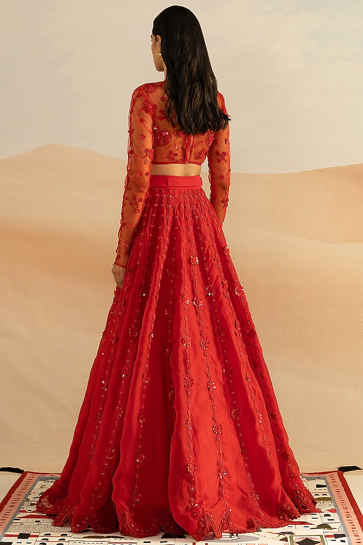 Red Silk Organza Bridal Lehenga Set by Shivan & Narresh at Pernia's Pop Up Shop