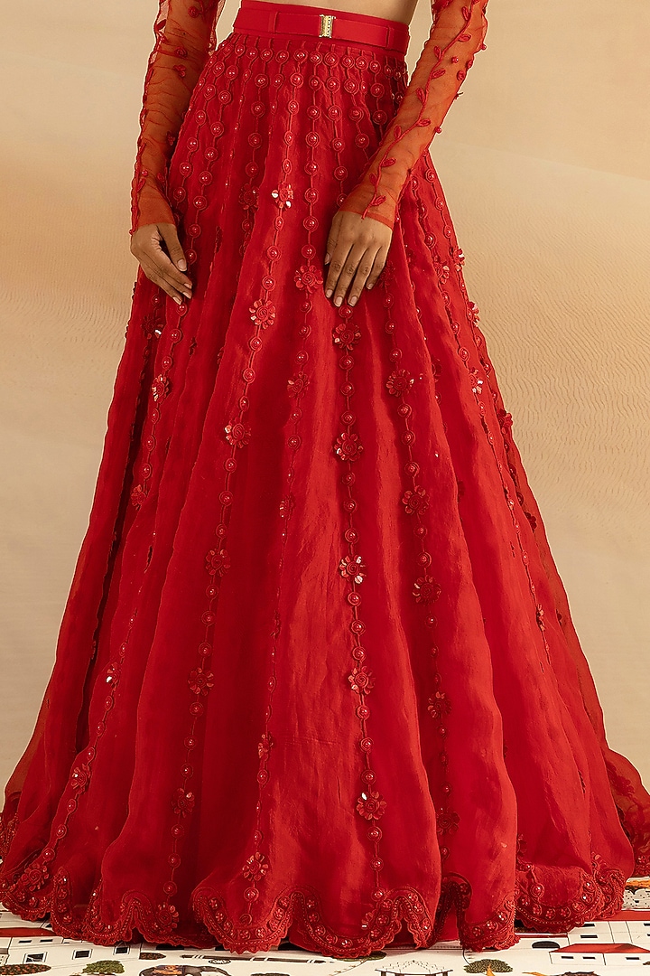 Red Silk Organza Bridal Lehenga Set by Shivan & Narresh at Pernia's Pop Up Shop