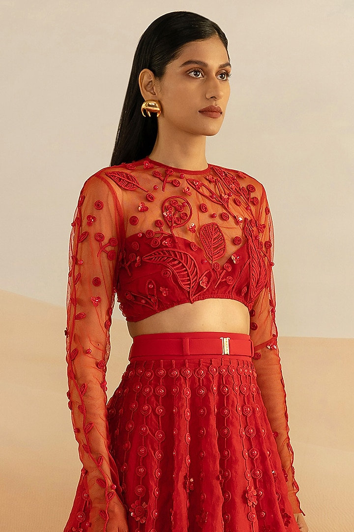 Red Silk Organza Bridal Lehenga Set by Shivan & Narresh at Pernia's Pop Up Shop