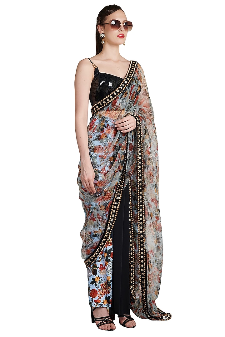 Multi Colored Printed Skein Sheer Pre-Stitched Saree by Shivan & Narresh