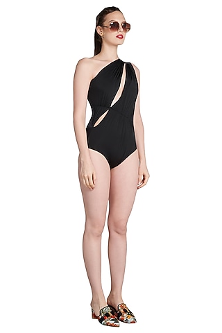 Black One Shoulder Draped Maillot Swimsuit by Shivan & Narresh