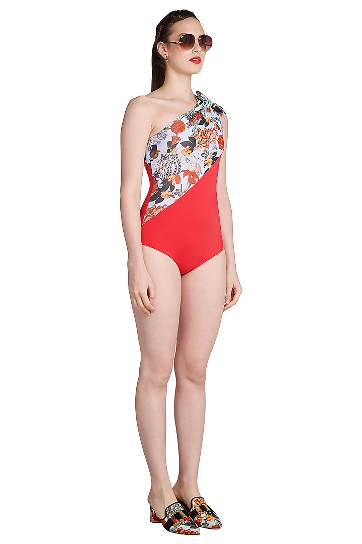 Multi Colored Printed One Shoulder Maillot Swimsuit by Shivan & Narresh