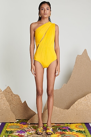 Yellow Slash Draped Maillot by Shivan & Narresh