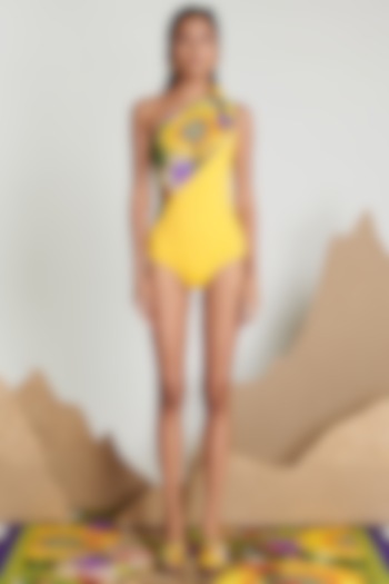 Yellow Printed Bow-Shoulder Maillot by Shivan & Narresh at Pernia's Pop Up Shop