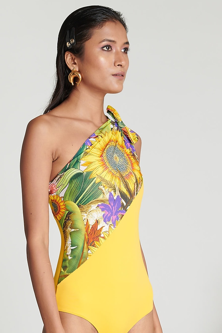Yellow Printed Bow-Shoulder Maillot by Shivan & Narresh at Pernia's Pop Up Shop