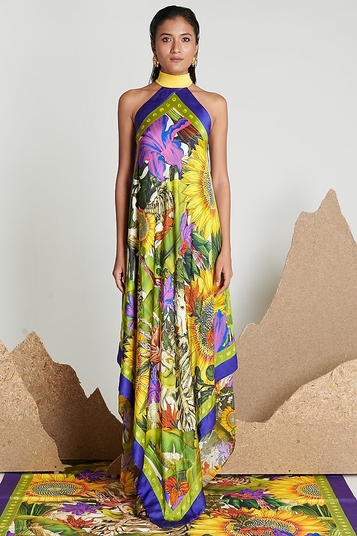 Yellow Printed Flute Vacation Dress by Shivan & Narresh at Pernia's Pop Up Shop