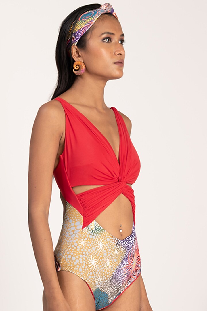 Red Cut-Out Gathered Trikini by Shivan & Narresh at Pernia's Pop Up Shop