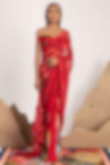 Red Pre-Stitched Saree With Resin Skein Work by Shivan & Narresh