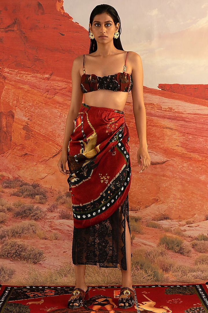 Multi-Coloured Silk Satin Draped Skirt by Shivan & Narresh at Pernia's Pop Up Shop