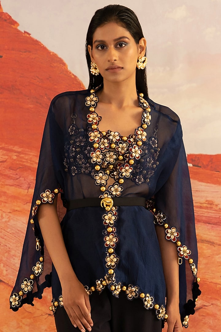 Sapphire Silk Organza Cape by Shivan & Narresh at Pernia's Pop Up Shop