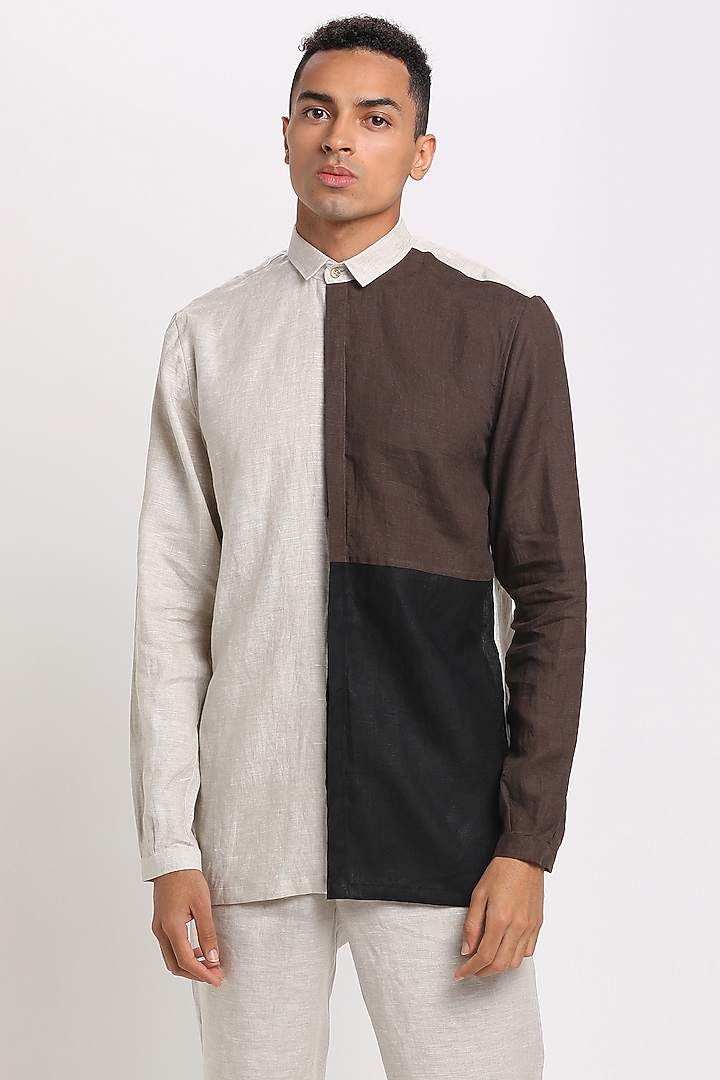 Ivory Color Blocked Party Wear Shirt by Son Of A Noble SNOB at Pernia's Pop Up Shop