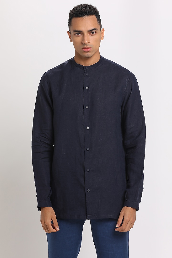 Navy Blue Linen Party Wear Shirt by Son Of A Noble SNOB at Pernia's Pop Up Shop