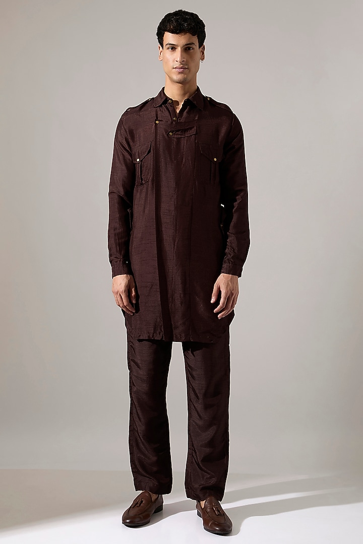 Dark Brown Raw Silk Kurta Set by Son Of A Noble SNOB Men at Pernia's Pop Up Shop