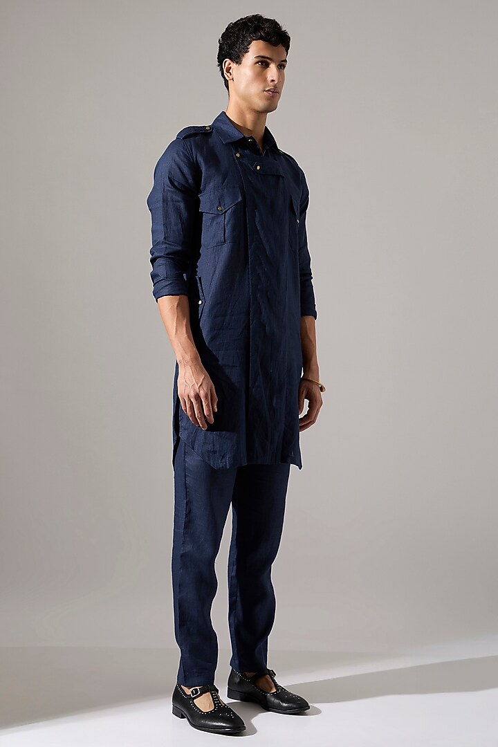 Navy Raw Silk Kurta Set by Son Of A Noble SNOB Men at Pernia's Pop Up Shop