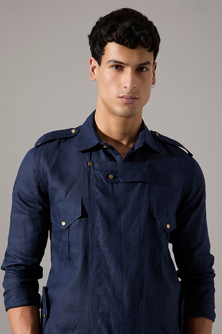 Navy Raw Silk Kurta Set by Son Of A Noble SNOB Men at Pernia's Pop Up Shop