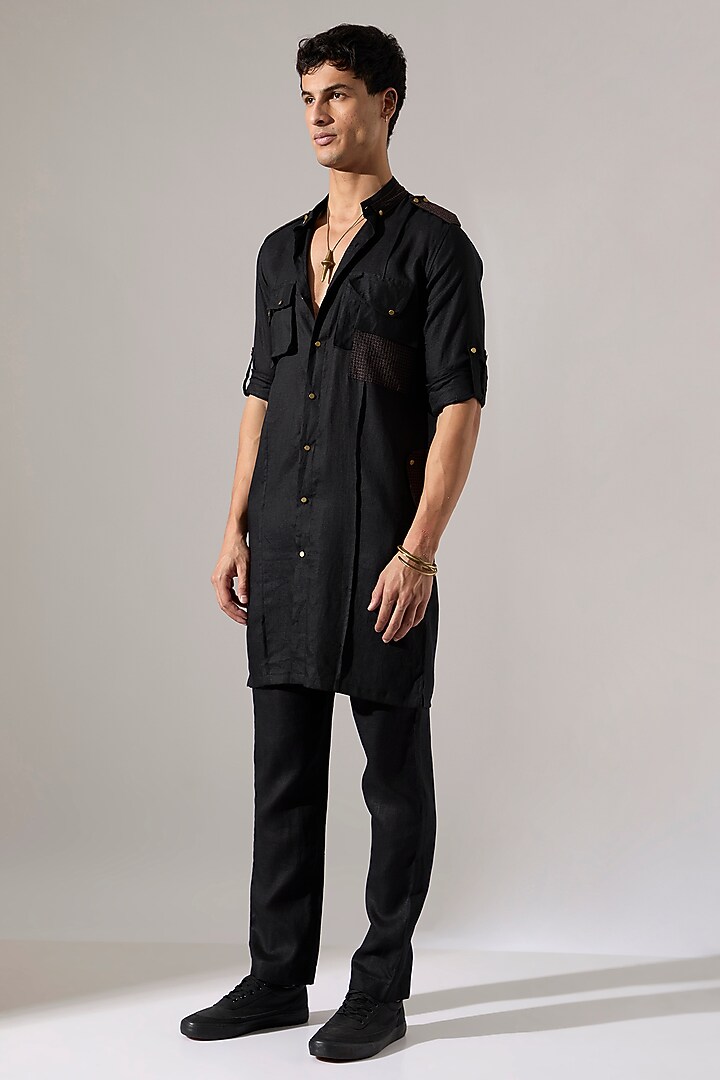 Black Linen Kurta Set by Son Of A Noble SNOB Men at Pernia's Pop Up Shop