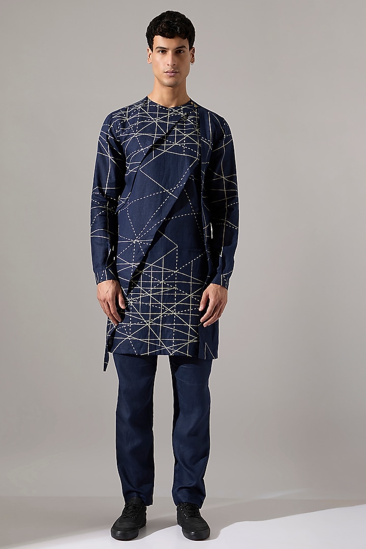 Navy Linen Printed Kurta Set by Son Of A Noble SNOB Men at Pernia's Pop Up Shop