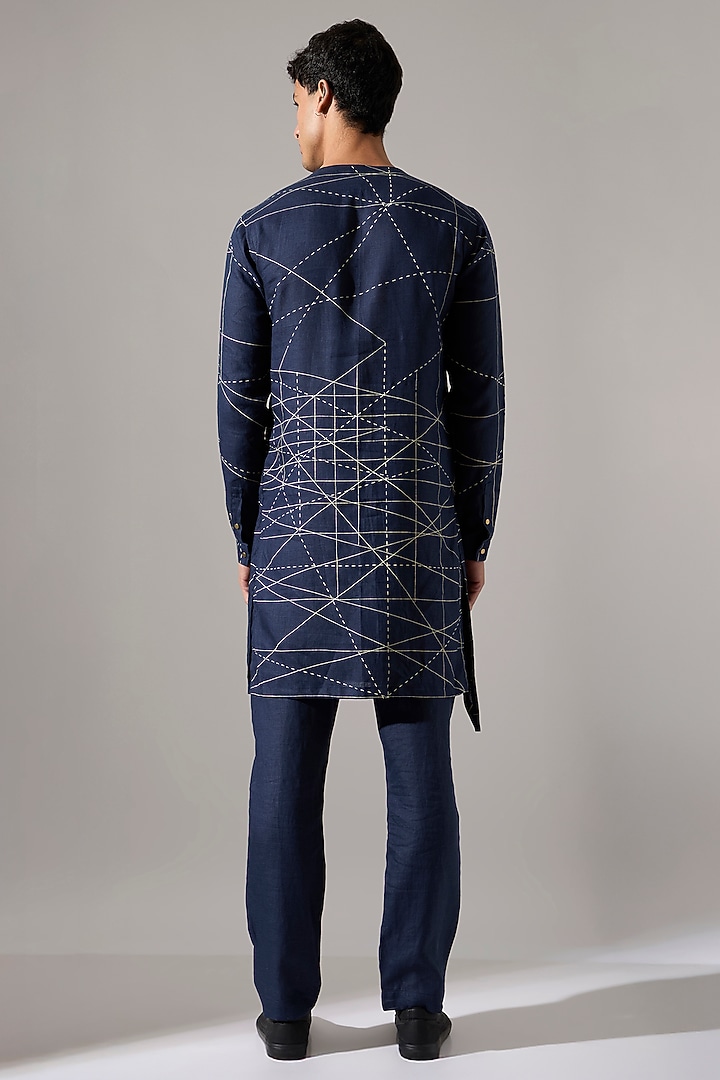 Navy Linen Printed Kurta Set by Son Of A Noble SNOB Men at Pernia's Pop Up Shop