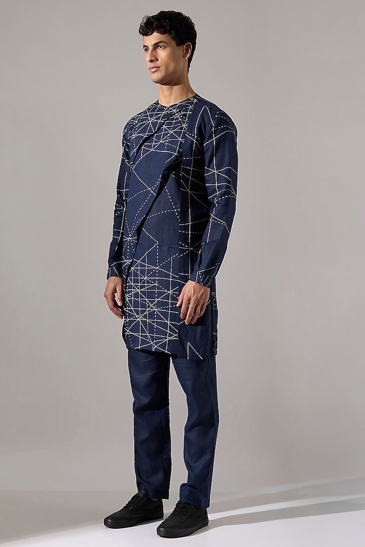 Navy Linen Printed Kurta Set by Son Of A Noble SNOB Men at Pernia's Pop Up Shop