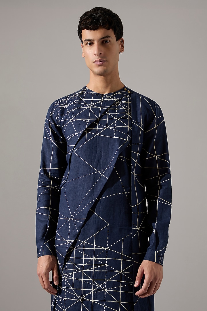 Navy Linen Printed Kurta Set by Son Of A Noble SNOB Men at Pernia's Pop Up Shop