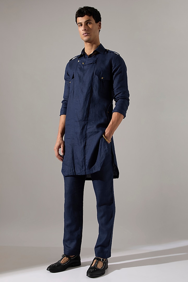 Navy Linen Kurta Set by Son Of A Noble SNOB Men at Pernia's Pop Up Shop