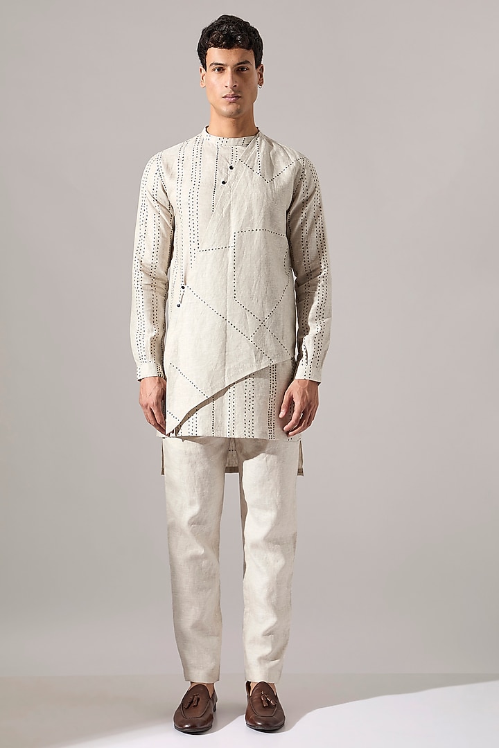 Ivory Linen Printed Kurta Set by Son Of A Noble SNOB Men at Pernia's Pop Up Shop