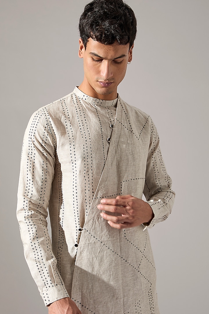 Ivory Linen Printed Kurta Set by Son Of A Noble SNOB Men at Pernia's Pop Up Shop