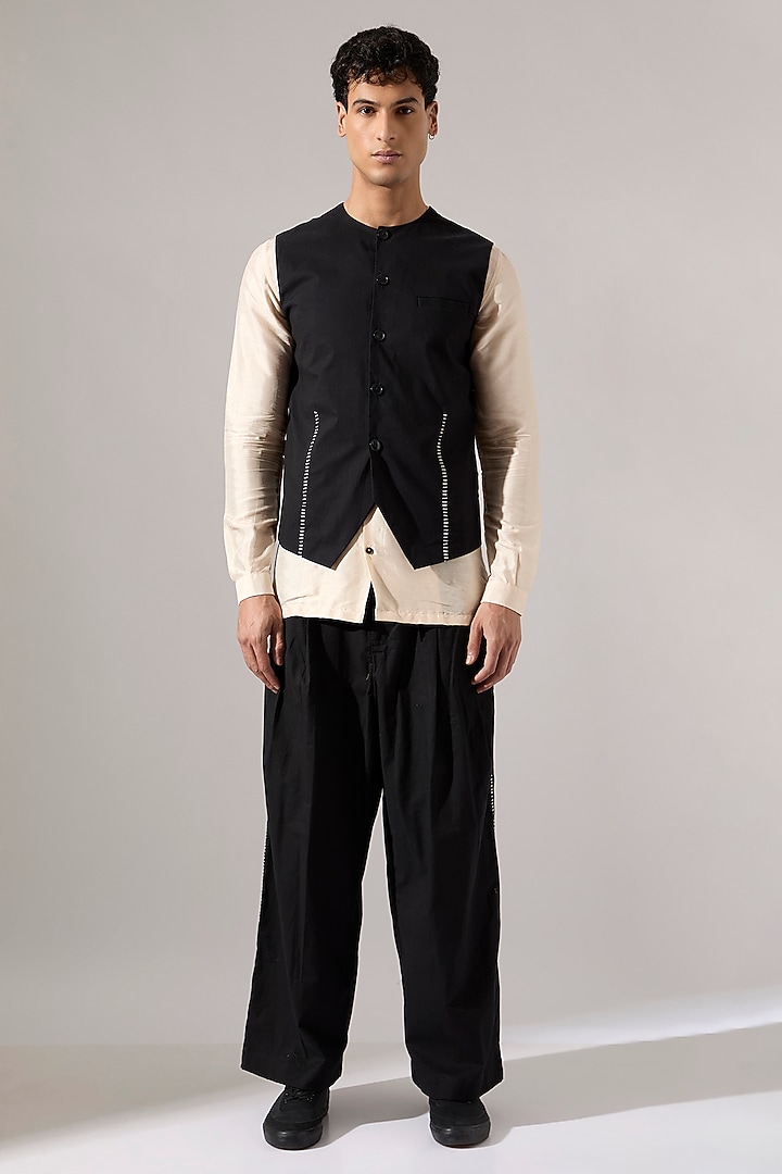 Black Cotton Hand Embroidered Waistcoat by Son Of A Noble SNOB Men at Pernia's Pop Up Shop