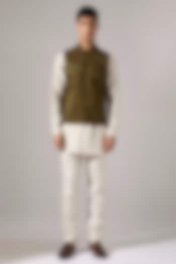 Olive Cotton Embroidered Bundi Jacket by Son Of A Noble SNOB Men at Pernia's Pop Up Shop