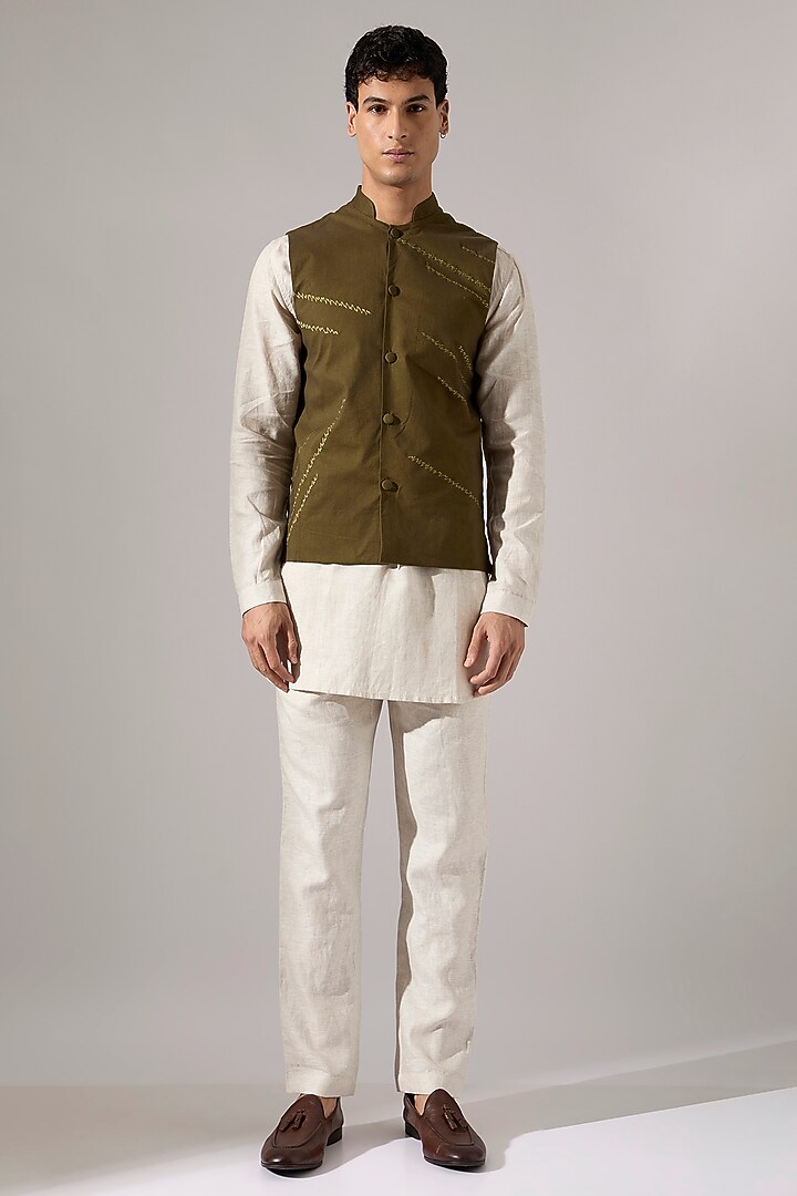 Olive Cotton Embroidered Bundi Jacket by Son Of A Noble SNOB Men at Pernia's Pop Up Shop