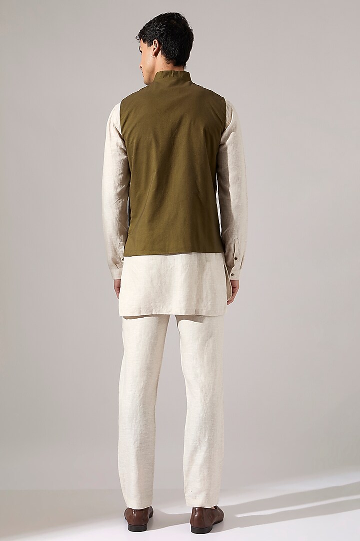 Olive Cotton Embroidered Bundi Jacket by Son Of A Noble SNOB Men at Pernia's Pop Up Shop