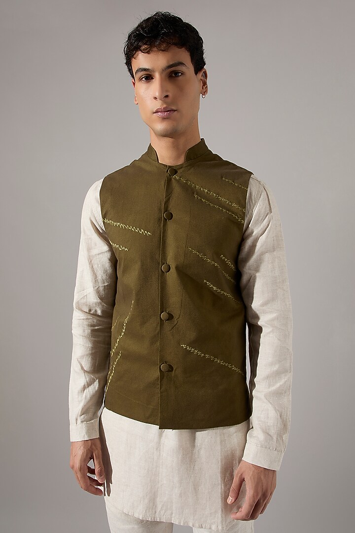 Olive Cotton Embroidered Bundi Jacket by Son Of A Noble SNOB Men at Pernia's Pop Up Shop