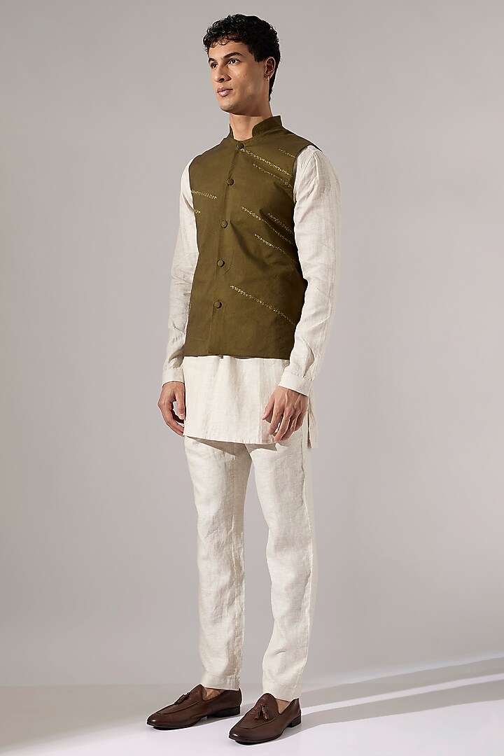 Olive Cotton Embroidered Bundi Jacket by Son Of A Noble SNOB Men at Pernia's Pop Up Shop