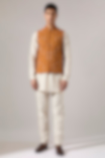 Mustard Cotton Embroidered Bundi Jacket by Son Of A Noble SNOB Men at Pernia's Pop Up Shop