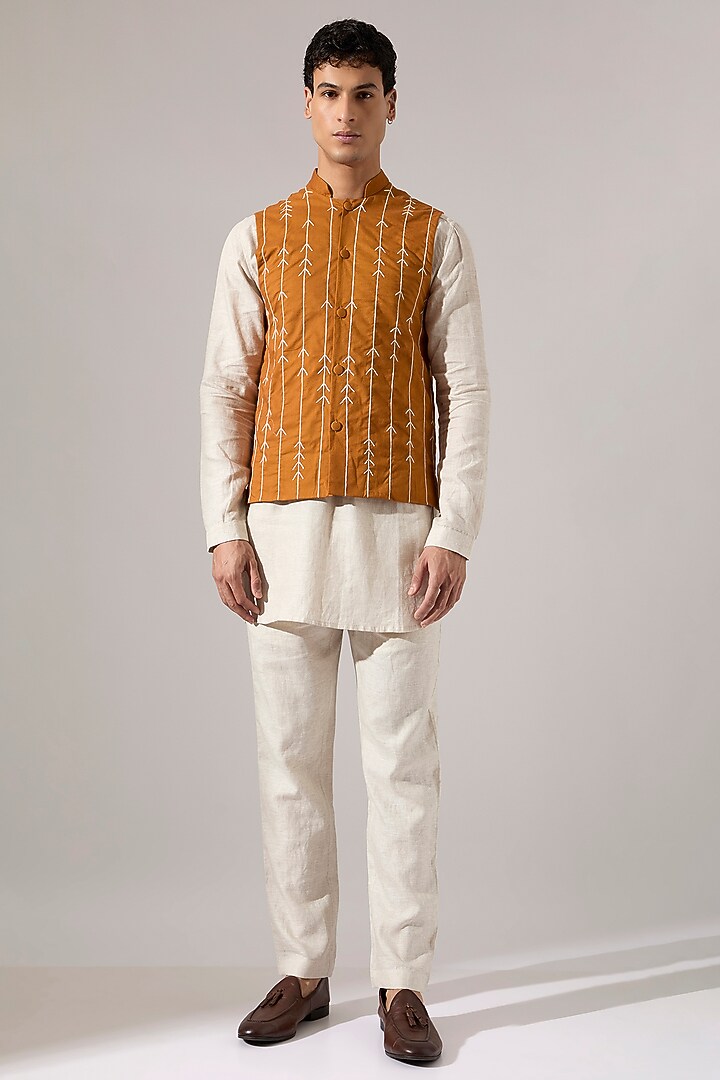 Mustard Cotton Embroidered Bundi Jacket by Son Of A Noble SNOB Men at Pernia's Pop Up Shop