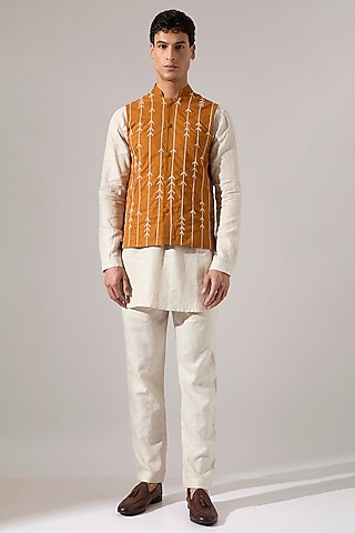 Mustard Cotton Embroidered Bundi Jacket by Son Of A Noble SNOB Men