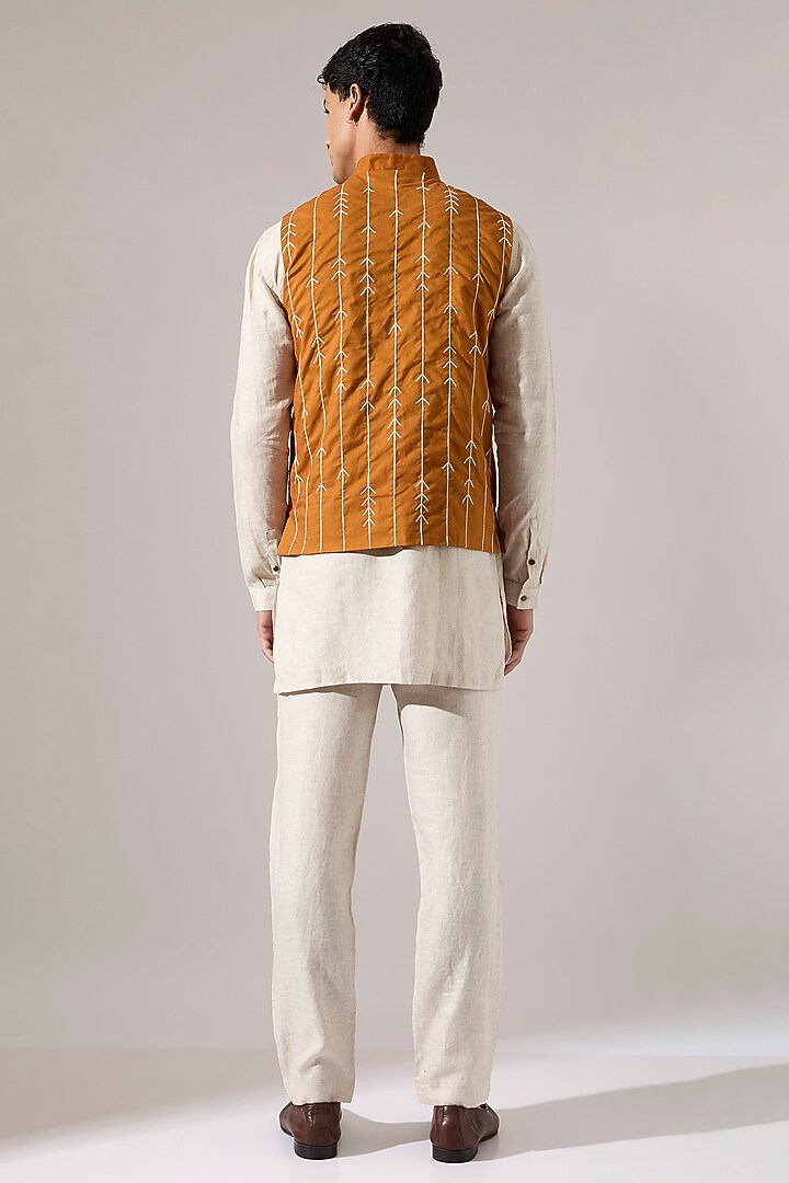 Mustard Cotton Embroidered Bundi Jacket by Son Of A Noble SNOB Men at Pernia's Pop Up Shop