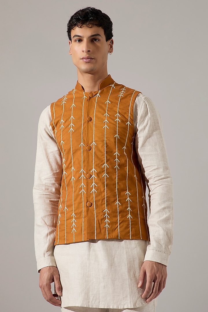 Mustard Cotton Embroidered Bundi Jacket by Son Of A Noble SNOB Men at Pernia's Pop Up Shop